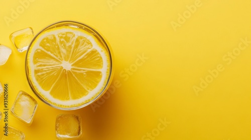 Minimalistic flat lay of a lemon slice floating in sparkling lemonade with ice cubes isolated on a pastel yellow background with space for text summer refreshment concept 