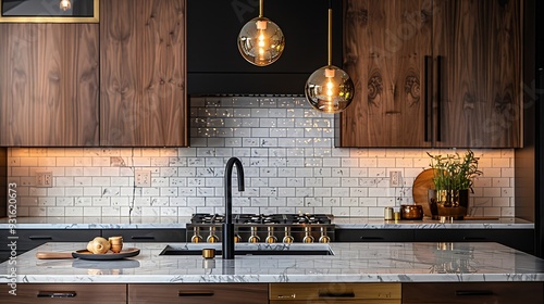 A kitchen detail with wood cabinets a black faucet subway tile backsplash and gold light fixtures hanging above the black island and marble countertops : Generative AI