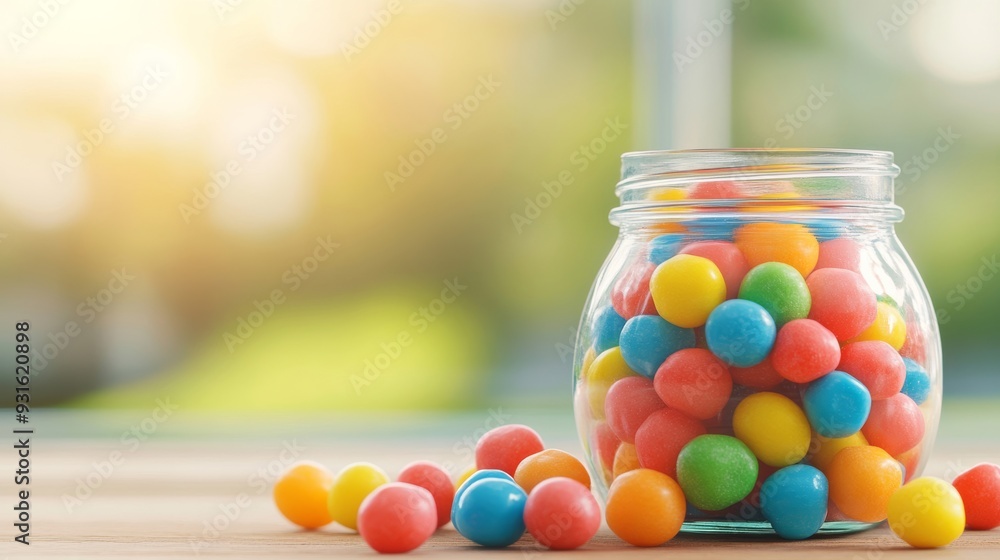 Overflowing jar of classic bubble gum balls in bold colors, spilling out onto a wooden counter with sunlight casting warm highlights Overflowing jar of classic bubble gum balls in bold colors, spilling out onto a wooden counter with sunlight casting warm highlights