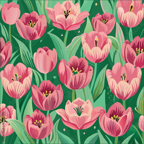 Seamless background with pink tulips flowers.	