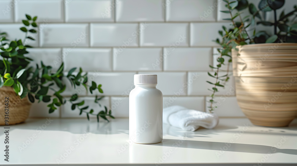A white bottle with a white cap sits on a white countertop, with a white towel and potted plants in the background. A white bottle with a white cap sits on a white countertop, with a white towel and potted plants in the background.