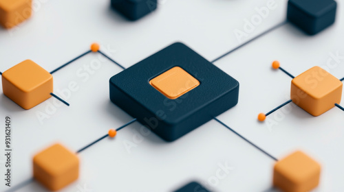 Close-up illustration of a central block connected to other blocks in a network, symbolizing centralized systems and network connectivity. photo