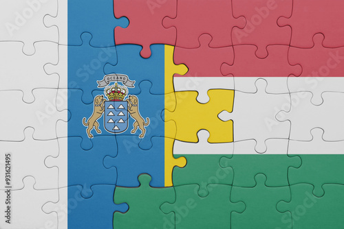 puzzle with the colourful national flag of hungary and flag of canary islands. photo