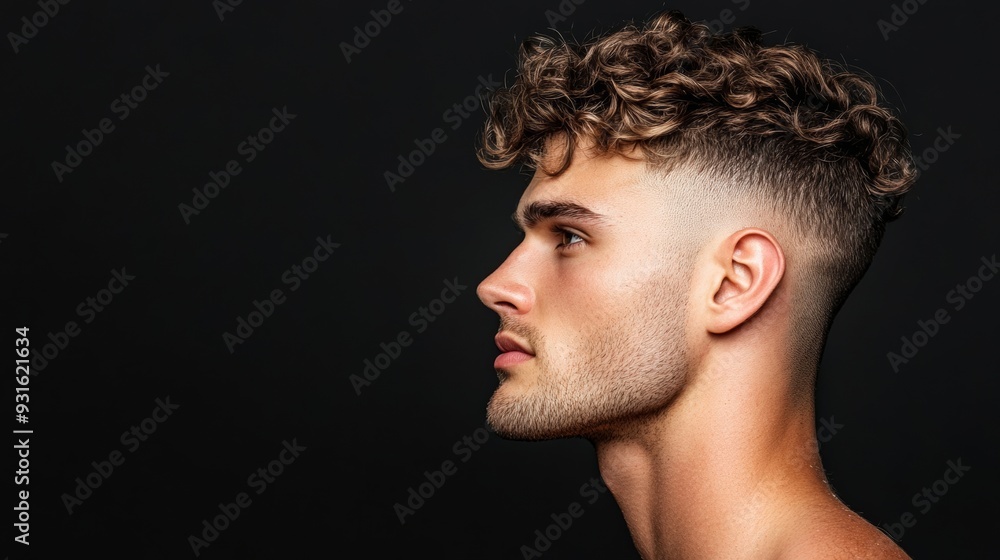 Side view of a Broccoli head haircut with a slight wave pattern in the curls, contrasted by the clean, tight fade, black background Side view of a Broccoli head haircut with a slight wave pattern in the curls, contrasted by the clean, tight fade, black background