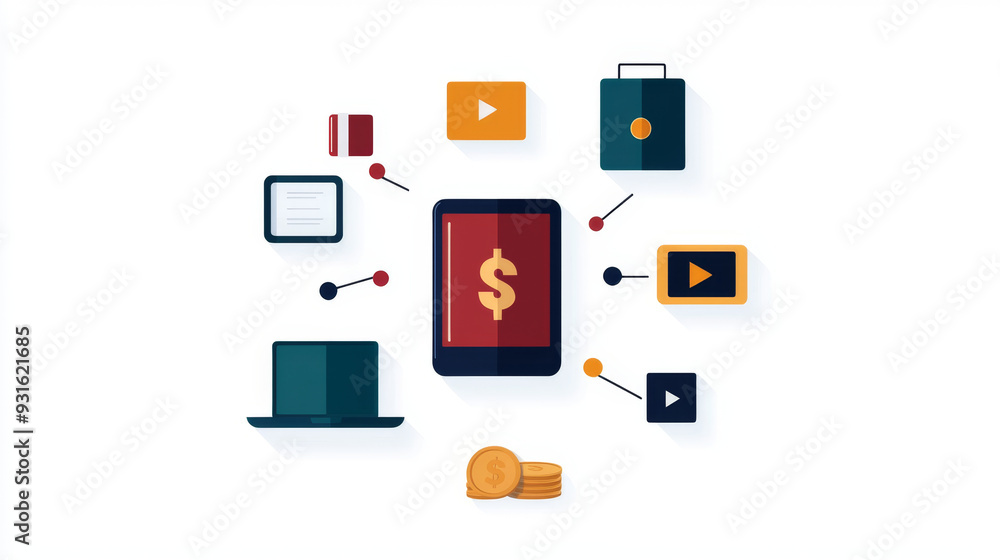 Illustration of digital financial transactions with icons of devices and services, representing online payments and e-commerce. Illustration of digital financial transactions with icons of devices and services, representing online payments and e-commerce.