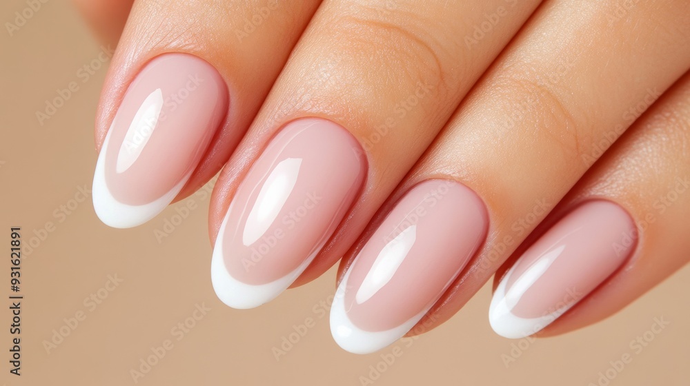 Side view of nails with a soft French manicure, featuring a blush pink base and clean white tips, against a soft beige background Side view of nails with a soft French manicure, featuring a blush pink base and clean white tips, against a soft beige background