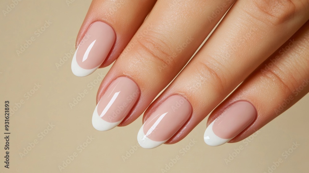 Side view of nails with a soft French manicure, featuring a blush pink base and clean white tips, against a soft beige background Side view of nails with a soft French manicure, featuring a blush pink base and clean white tips, against a soft beige background