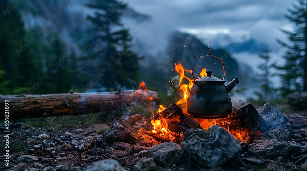 A kettle on the fire during a hike in the mountains A kettle on the fire during a hike in the mountains