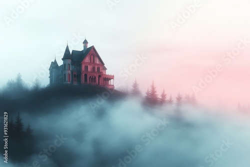 Wallpaper Mural Eerie Elegance: A Haunted Mansion's Striking Presence Amidst Fog and Mystery Unfolds in the Distant Horizon's Embrace of Shadows. Torontodigital.ca