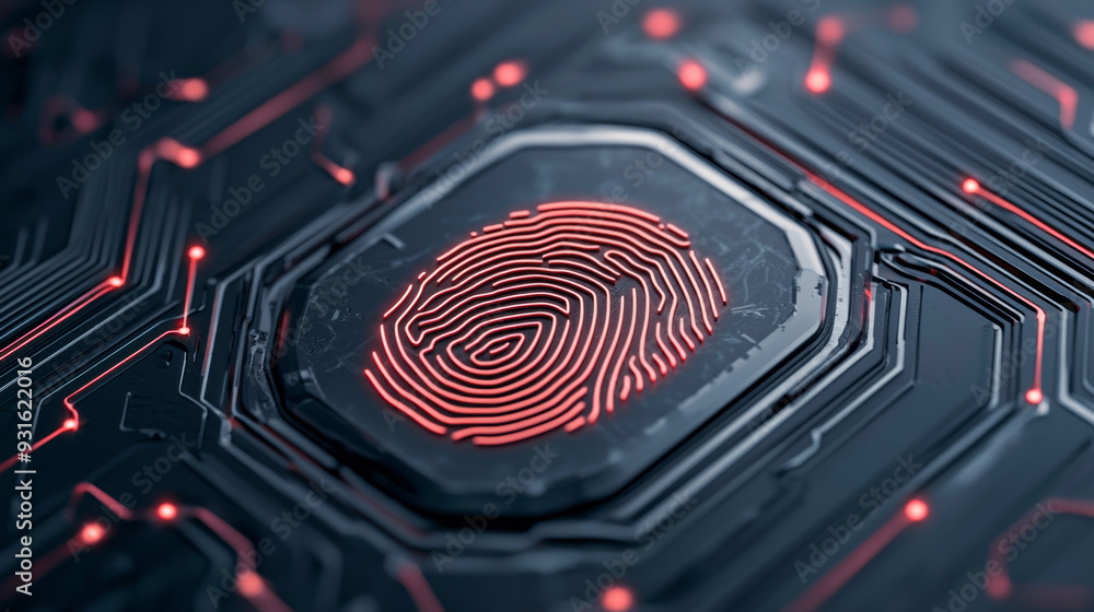 Close-up of a glowing red fingerprint embedded in a circuit board, symbolizing biometric security, technology, and digital identity. Close-up of a glowing red fingerprint embedded in a circuit board, symbolizing biometric security, technology, and digital identity.