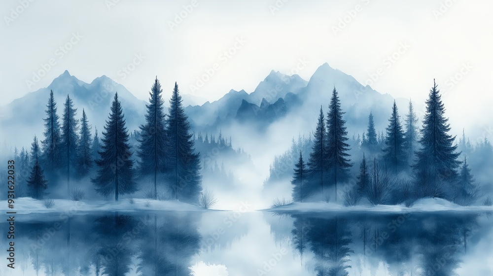 Mysterious Winter Landscape with Foggy Pine Forest and Snow-Capped Mountains Reflecting in a Tranquil Lake, Creating a Dreamlike Atmosphere Mysterious Winter Landscape with Foggy Pine Forest and Snow-Capped Mountains Reflecting in a Tranquil Lake, Creating a Dreamlike Atmosphere