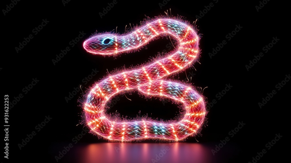 Snake symbol made of intertwining fireworks, each segment bursting with colors, forming the shape of the New Year number, vibrant and celebratory atmosphere Snake symbol made of intertwining fireworks, each segment bursting with colors, forming the shape of the New Year number, vibrant and celebratory atmosphere