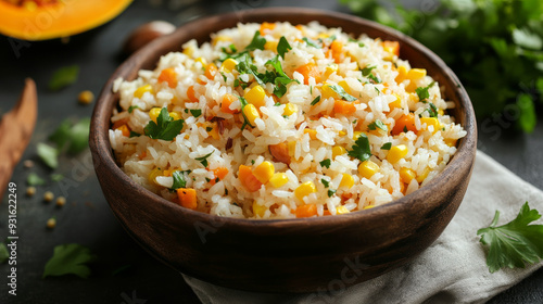 A tasty and nutritious rice salad with pumpkin and corn, ideal for a healthy brunch or holiday meal. --ar 16:9 --v 6.1 Job ID: af5d9e22-c649-4872-ae2b-d1af08aae9b9