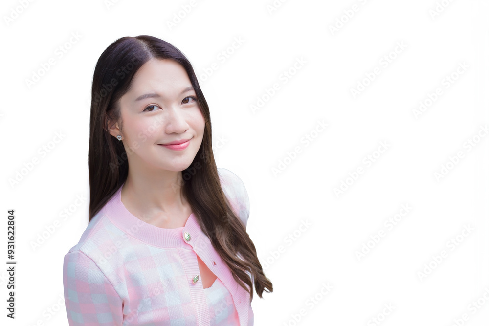 Young Asian beautiful woman in pink and white striped coat is standing while isolated white background. Young Asian beautiful woman in pink and white striped coat is standing while isolated white background.