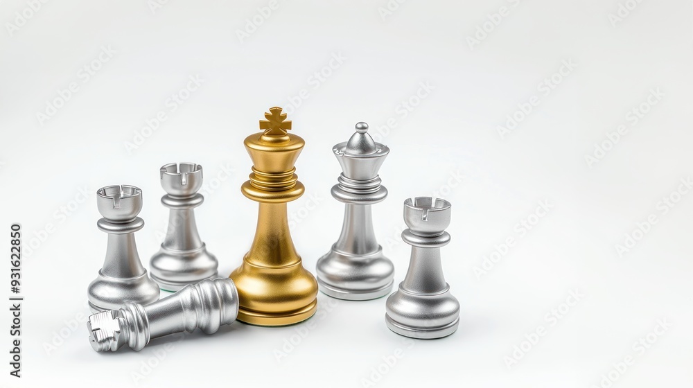Golden chess piece among silver pieces with a king lying on its side in front set against a white background, symbolizing a critical moment in the chess game Golden chess piece among silver pieces with a king lying on its side in front set against a white background, symbolizing a critical moment in the chess game