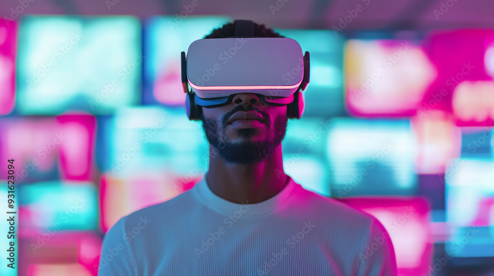 A man wears a VR headset, surrounded by vibrant digital screens in blue and pink hues, highlighting immersive and futuristic technology. A man wears a VR headset, surrounded by vibrant digital screens in blue and pink hues, highlighting immersive and futuristic technology.