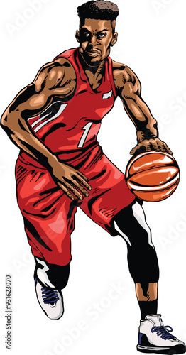 Basketball player African American man hand drawn vector art colored