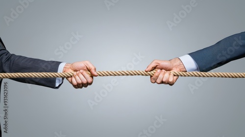 Two hands in business suits pulling on a rope, symbolize conflict, business problems, teamwork problem
