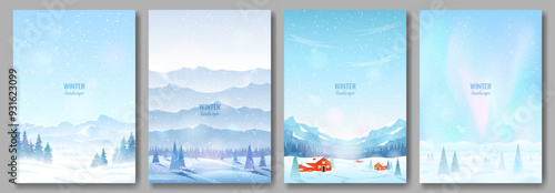 Collection of winter landscapes. Snow-covered mountains, fir trees in snowdrifts, rural houses or hotels of a ski resort. Snowfall. Design for card, flyer, invitation, advertisement, brochure.