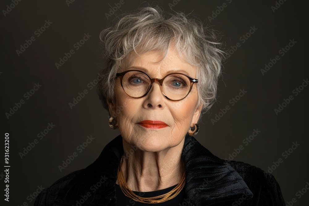 An elegant elderly woman with short, gray hair and glasses, wearing a black outfit and gold earrings, poses confidently against a dark background in a professional portrait An elegant elderly woman with short, gray hair and glasses, wearing a black outfit and gold earrings, poses confidently against a dark background in a professional portrait