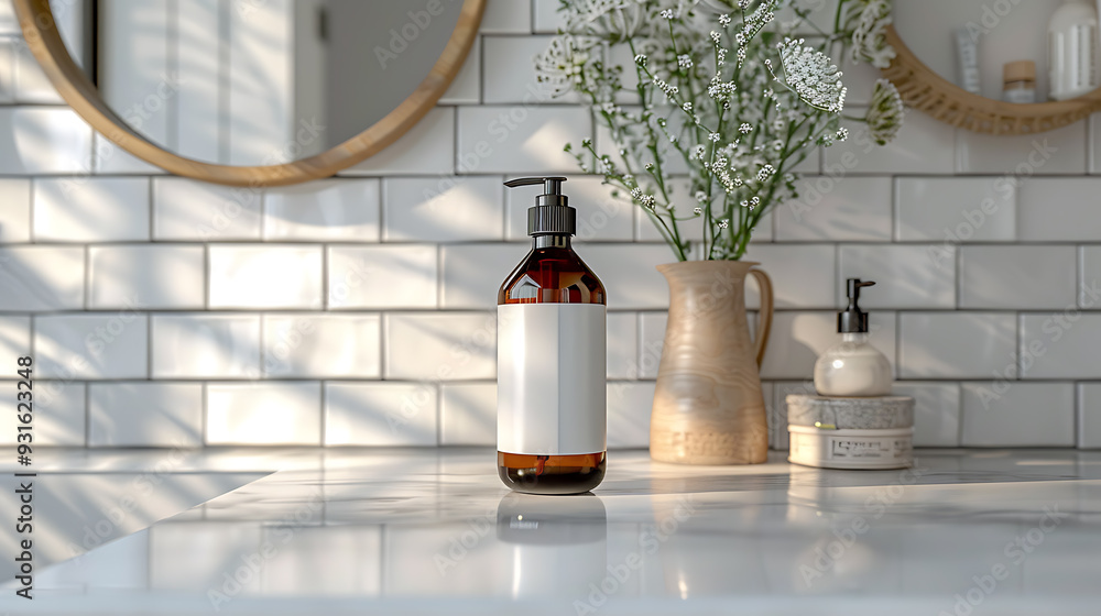 A brown bottle of soap with a white label sits on a marble countertop in a bathroom with white subway tile. There are flowers in a vase next to it.