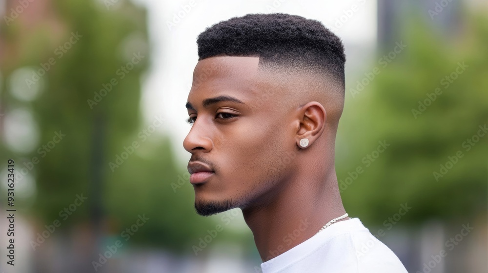 Wide shot of a man with a Boosie fade haircut walking down the street, showcasing the clean lines and sharp fade, urban background 