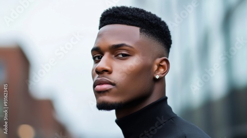 Wide shot of a man with a Boosie fade haircut walking down the street, showcasing the clean lines and sharp fade, urban background  photo