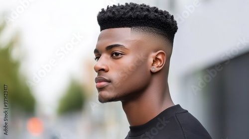 Wide shot of a man with a Boosie fade haircut walking down the street, showcasing the clean lines and sharp fade, urban background  photo