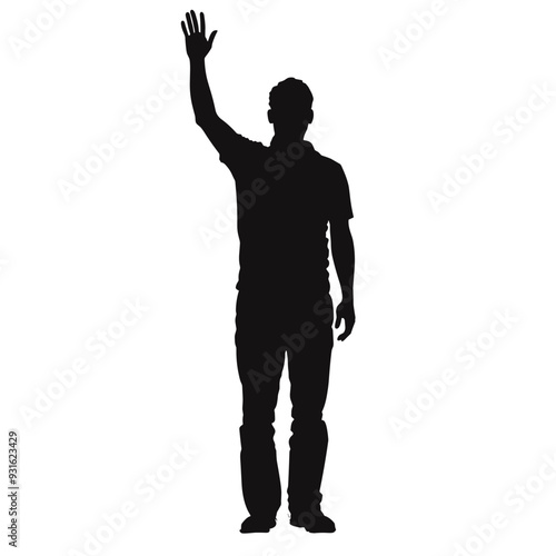 Silhouette of a man raising his hand in a gesture of greeting or acknowledgment.