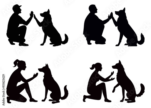 A Man and Woman greeting dog. silhouette vector  illustration.