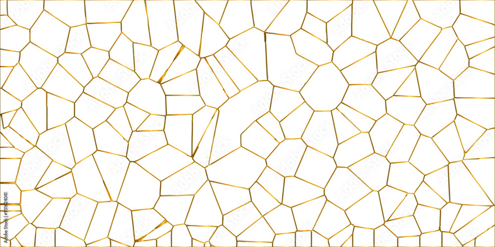 Golden gradient lines stroke abstract white crystalized broken glass background. Voronoi diagram background. abstract desktop texture design digital art wallpaper, vector illustration.	
