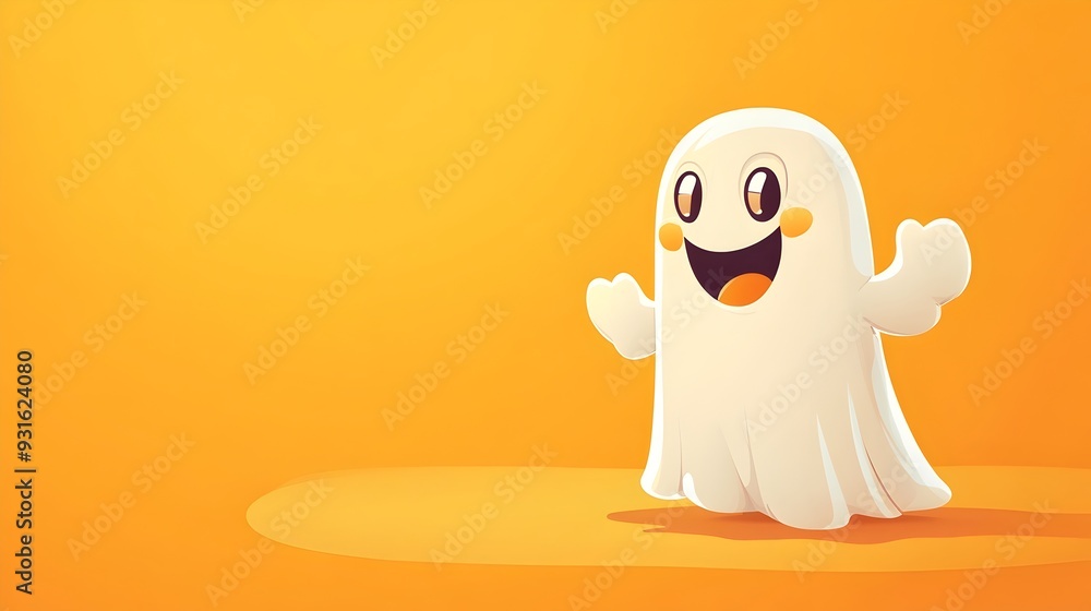 Cheerful Cartoon Ghost Floating in Bright Orange Background