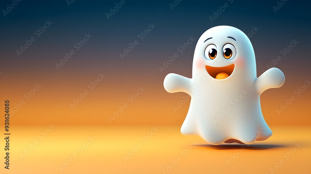Friendly Cartoon Ghost Character on Halloween Background with Clear Space Friendly Cartoon Ghost Character on Halloween Background with Clear Space