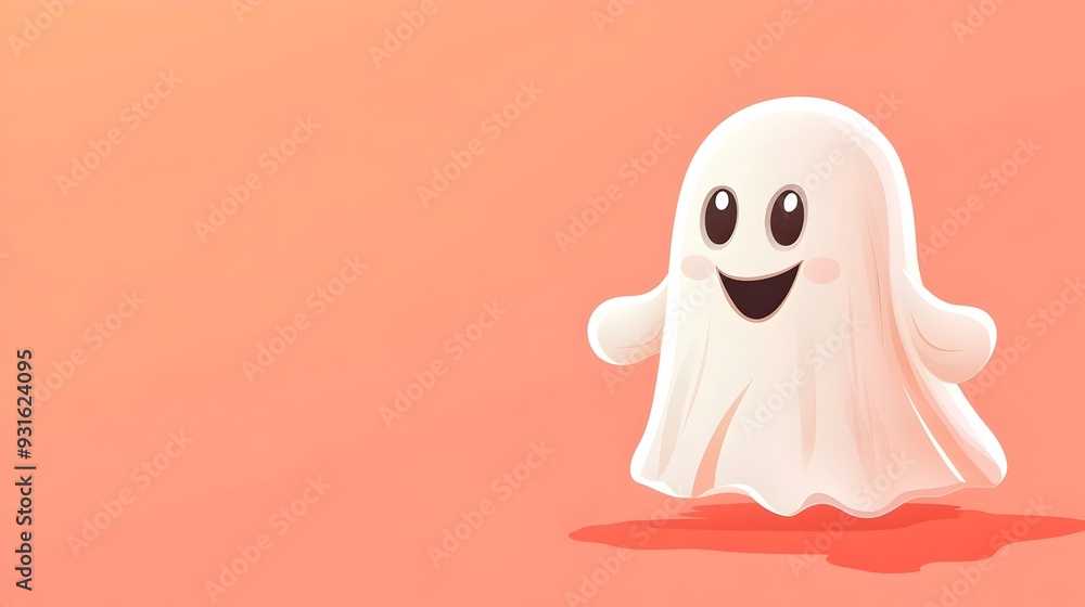 Friendly Cartoon Ghost Floating on Orange Minimalist Background for Halloween Holiday Friendly Cartoon Ghost Floating on Orange Minimalist Background for Halloween Holiday
