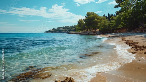 Nature landscape view of beautiful tropical beach and sea in sunny day Beach sea space areabeautiful sandy beach in the city of Umag Croatia : Generative AI photo