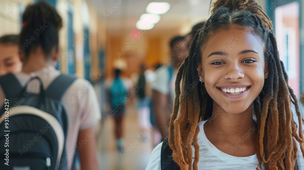 A happy African American high school student walking down the hallway with her friends, smiling and looking at the camera, capturing the vibrant energy of student life. A happy African American high school student walking down the hallway with her friends, smiling and looking at the camera, capturing the vibrant energy of student life.