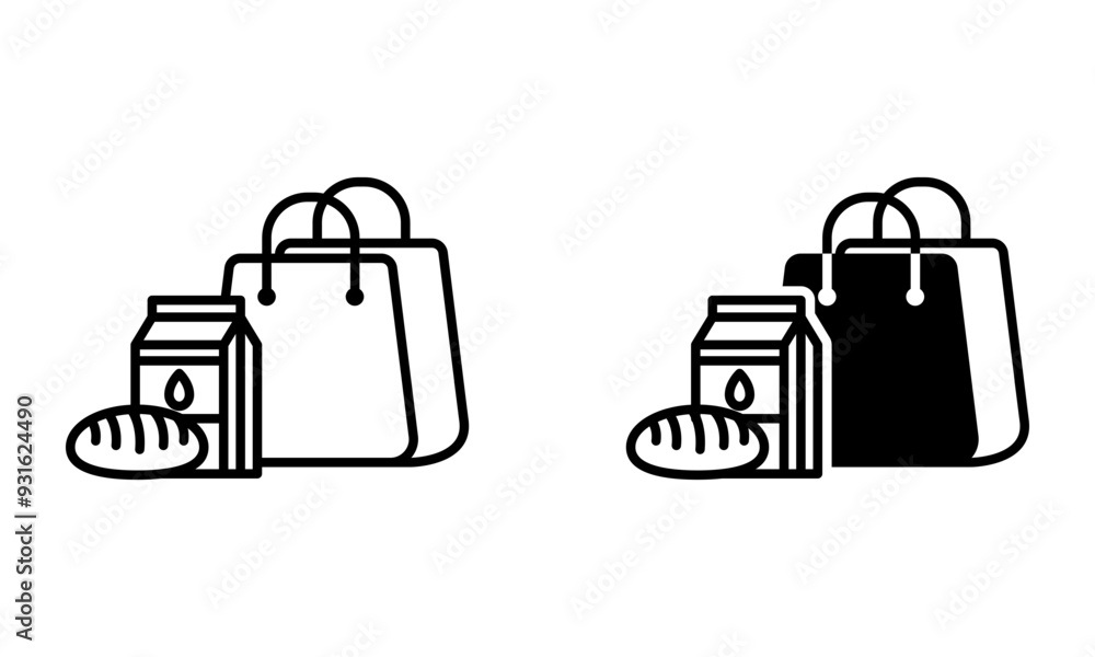 shopping bag with milk and bread, illustration of grocery shopping icon vector shopping bag with milk and bread, illustration of grocery shopping icon vector