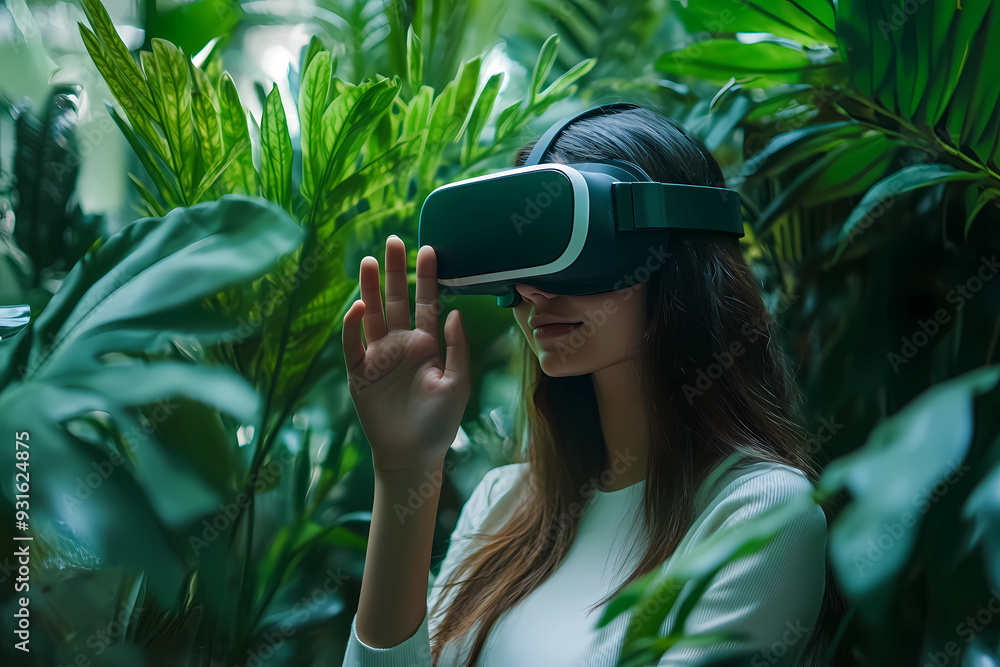 Portrait of a woman wearing a virtual reality headset, touching green leaves in a botanical garden while exploring nature with VR technology. Portrait of a woman wearing a virtual reality headset, touching green leaves in a botanical garden while exploring nature with VR technology.