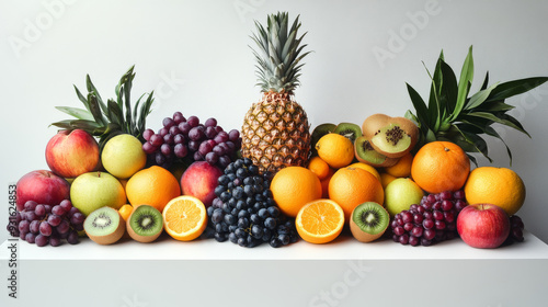 A vibrant arrangement of citrus fruits, apples, kiwi, grapes, and pineapple on a white surface. --ar 16:9 --v 6.1 Job ID: dc4d1999-5df1-483b-9a24-ee84d31c50c7