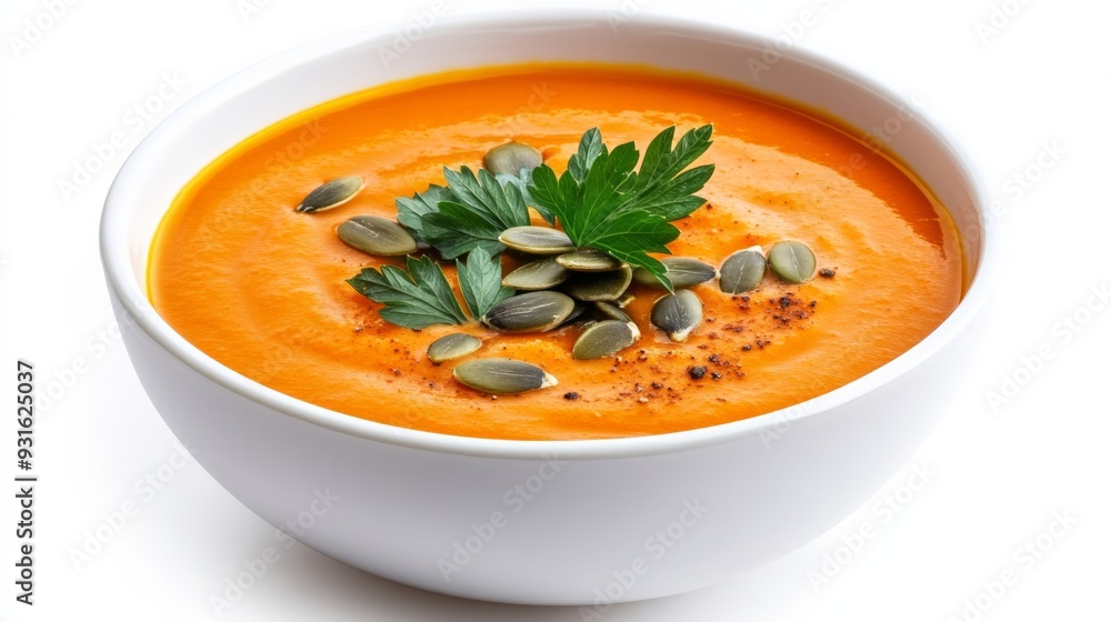 Close-up of a creamy pumpkin soup in a white bowl garnished with pumpkin seeds and parsley isolated on white background rich orange and green accents Close-up of a creamy pumpkin soup in a white bowl garnished with pumpkin seeds and parsley isolated on white background rich orange and green accents