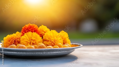 Close-up of a silver plate with sweets, marigold flowers, and kumkum arranged for Labh Pancham puja with golden sunlight streaming in  photo