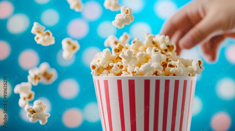 closeup of a hand reaching into a popcorn bucket, popcorn flying out in motion, blurred background of a theater screen, bright colors closeup of a hand reaching into a popcorn bucket, popcorn flying out in motion, blurred background of a theater screen, bright colors