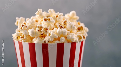 closeup of a popcorn bucket filled with cold, stale popcorn, unappetizing and dry appearance, isolated on a gray background 