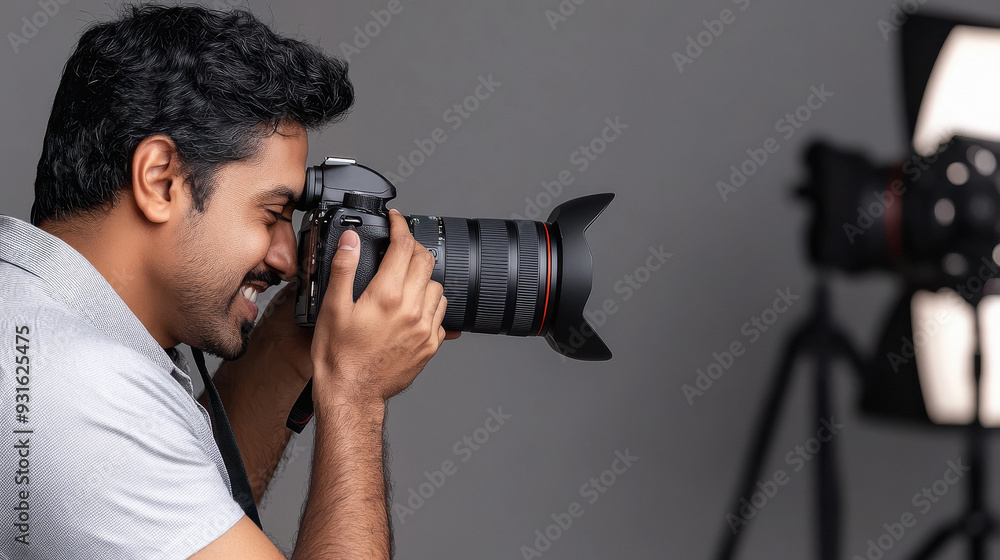 Obraz premium Indian male cameraman holding dslr camera