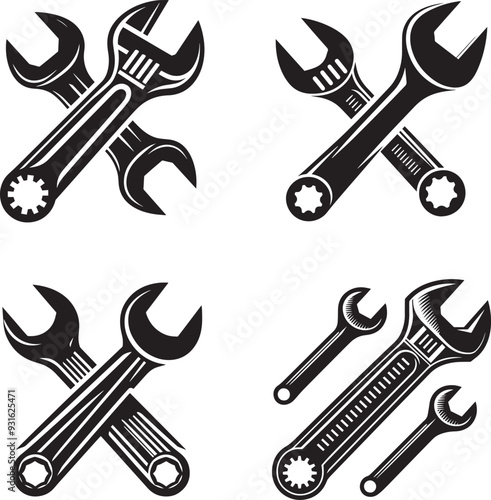 Wrench key for servicing in the garage car symbol icon vector set. Crossed wrench for automotive repair engine car silhouette illustration