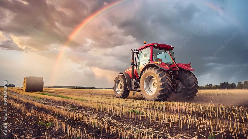 Obraz premium A tractor plowing in the background of a hay bale under a stormy sky with a rainbow regardless of the weather agricultural work does not stop