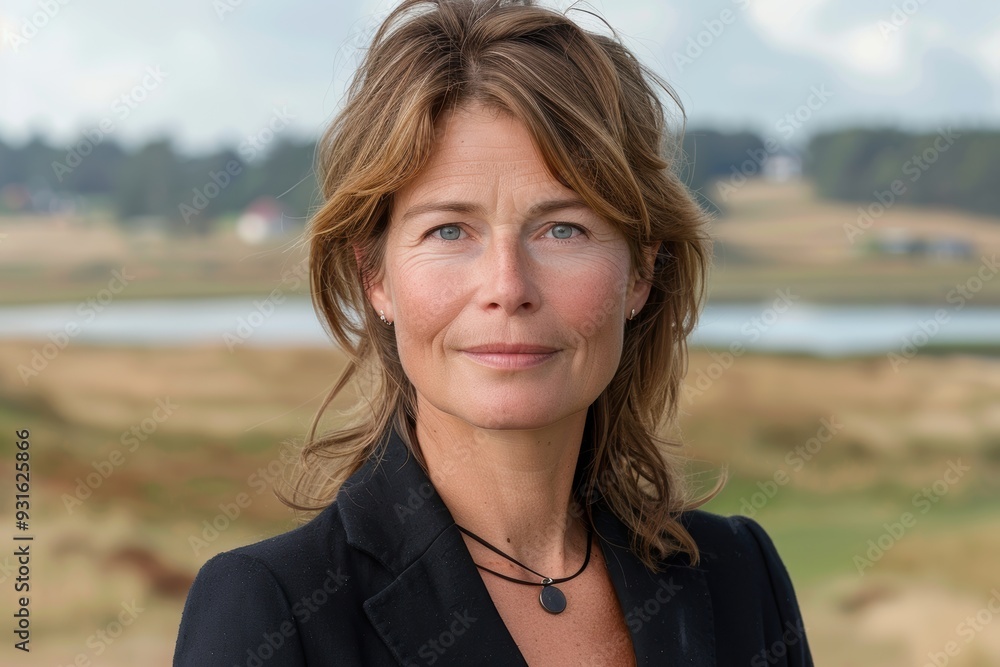 A woman with medium-length, wavy brown hair, wearing a black jacket and necklace, standing outdoors with a scenic, blurred background of nature and buildings A woman with medium-length, wavy brown hair, wearing a black jacket and necklace, standing outdoors with a scenic, blurred background of nature and buildings
