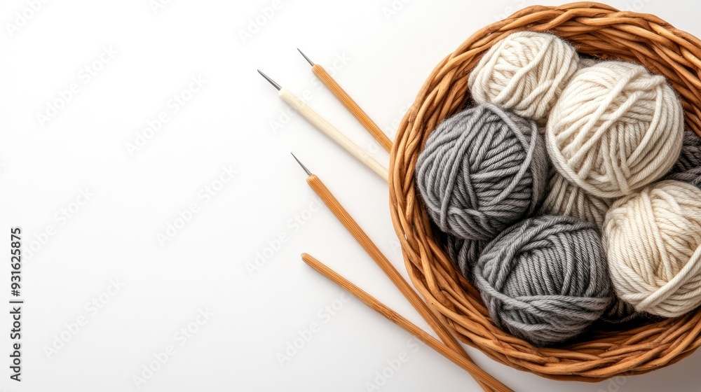 A basket filled with soft yarn and knitting needles rests beside crocheted pieces, creating a serene atmosphere of creativity and comfort A basket filled with soft yarn and knitting needles rests beside crocheted pieces, creating a serene atmosphere of creativity and comfort