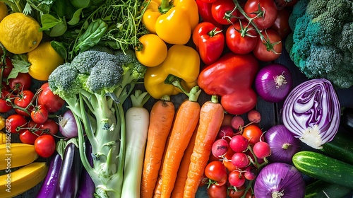 a view of a large assortment of healthy fresh rainbow colored organic fruits and vegetables the composition includes cabbage carrots onion tomatoes raw potat photo