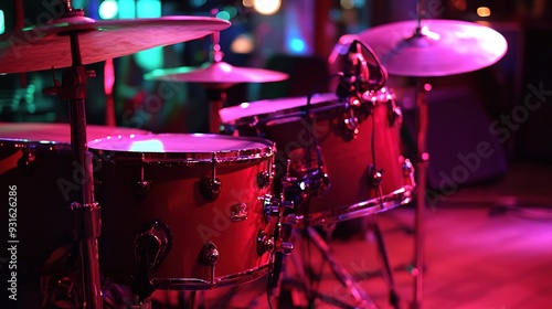 Backline Setup for a Live Performance. Features Essential Stage Equipment Including Amplifiers, Drum Kit, and Microphones, Arranged for a Concert or Music Event. photo